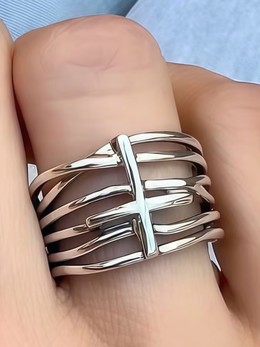 Silver Multi-Band Cross Ring - Silver